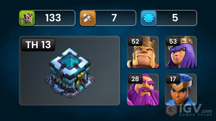 Clash of Clans (Android/iOS) SC ID- [Big Sale] TH13 - Level 133- Heroes(52/52/41/27/18) - Many skins - Build 7 - Cheapest price