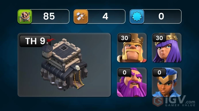 Clash of Clans (Android/iOS) SC ID- [Big Sale] TH9 - Level 85- Heroes(30/30/10/0/0) - Many skins - Build 4  - Cheapest price