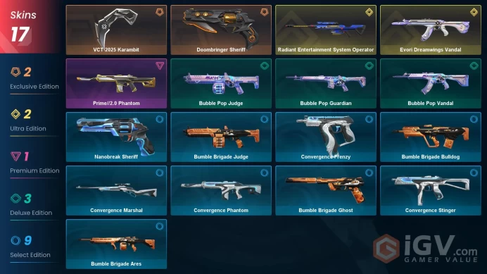 EU Full Access | 17 Skins VCT 2025 Karambit+Evori Dreamwings Vandal+Prime//2.0 Phantom+Doombringer Sheriff+Radiant Entertainment System Operator