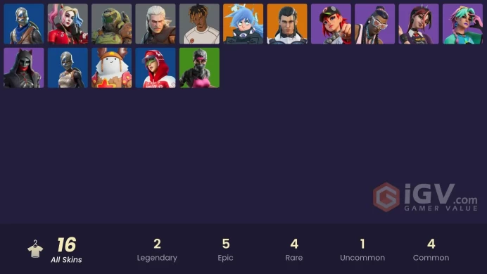 16 SKINS + ROYALE KNIGHT + BLUE SQUIRE + SLAYER JUICE WRLD + THE AGELESS + DOOM SLAYER + HELSIE + DUSTY + RECON RANGER + FELINA + NEZUMI