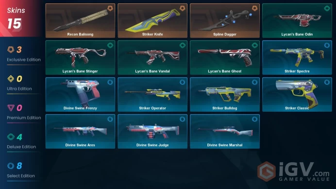 EU | 15 Skins | 3 Knifes | Diamond | Level 35 | VP Value 8100 | Recon Balisong | Spline Dagger | Striker Knife | Full Access | Full Details 