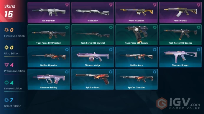 EU | 15 Skins | Diamond | Level 46 | VP Value 8100 | Prime Vandal | Prime Guardian | Ion Phantom | Full Access | Full Details Below!