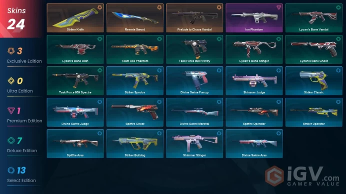 EU | 24 Skins | Gold | Level 65 | VP Value 8975 | Prelude to Chaos Vandal | Reverie Sword | Ion Phantom | Full Access | Full Details Below!