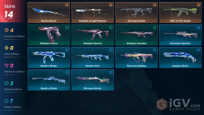 EU | 14 Skins | Platinum | Level 34 | VP Value 9475 | Kuronami Vandal | Sentinels of Light Phantom | Reverie Sword | Full Access | Full Details