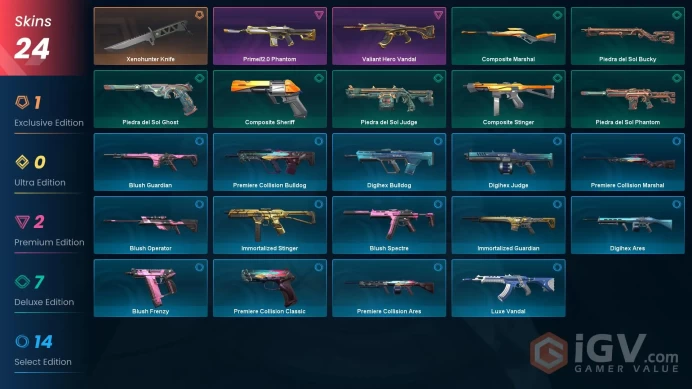 EU | 24 Skins | Platinum | Level 72 | VP Value 9975 | Xenohunter Knife | Valiant Hero Vandal | Prime//2.0 Phantom | Full Access | Full Details 