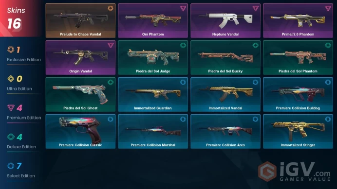 EU | 16 Skins | Gold | Level 40 | VP Value 10275 | Prelude to Chaos Vandal | Neptune Vandal | Prime//2.0 Phantom | Full Access | Full Details 