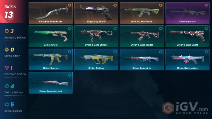EU | 13 Skins | Diamond | Level 80 | VP Value 10675 | Forsaken Ritual Blade | Singularity Sheriff | RGX 11z Pro Vandal | Full Access | Full Deta
