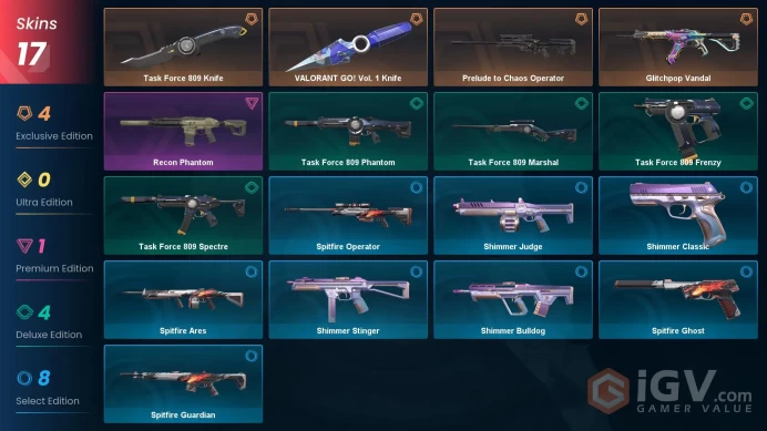 EU | 17 Skins | Diamond | Level 50 | VP Value 10675 | VALORANT GO Vol 1 Knife | Glitchpop Vandal | Prelude to Chaos Operator | Full Access 