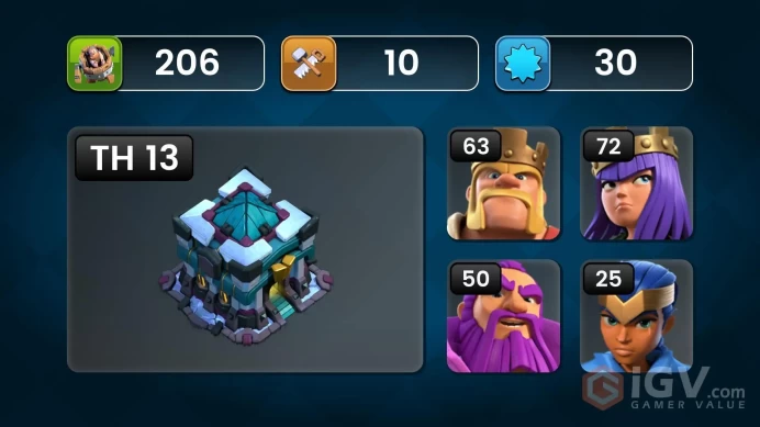 TH - 13 | XP - 205 | HEROES 63/72/41/50/25 | WAR STAR - 741 | NAME CHANGE AVAILABLE | INSTANT DELIVERY 