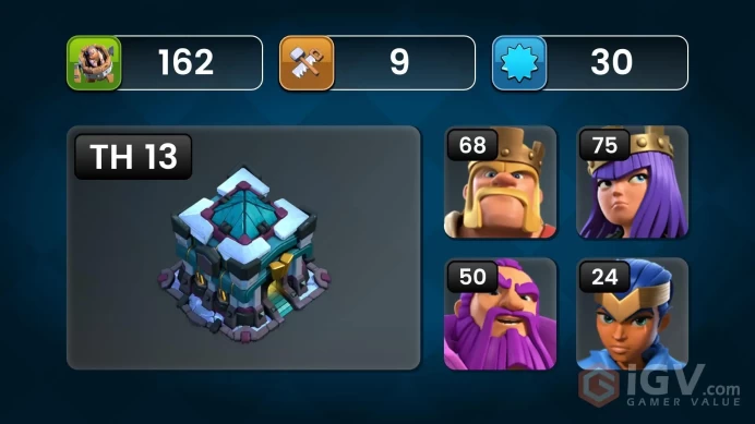 TH - 13 | XP - 162 | HEROES 68/75/46/50/24 | WAR STAR 830 | WALLS MAX | INSTANT DELIVERY