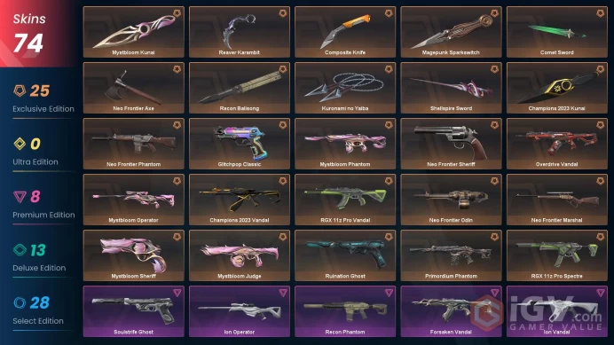 EU | 74 Skin | Level 85 | Mystbloom Bundle | Champions 2023 Bundle | Reaver Karambit | Kuronami no Yaiba | 4 Battlepasses | 