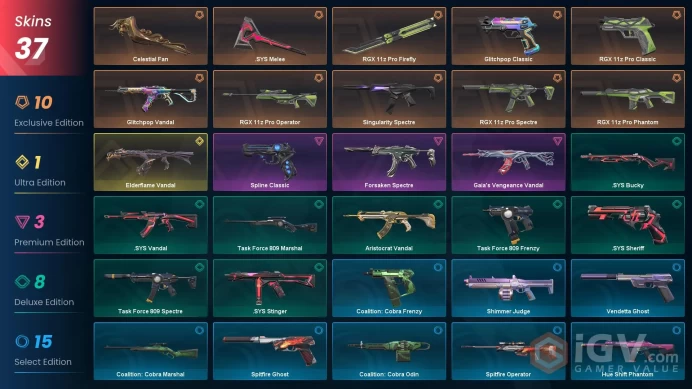 EU | 37 Skins | Gold 1 | Level 35 | RGX 11z Pro Bundle | Celestial Fan | Elderflame Vandalattlepasses Purchas| Full Access | Full Details Below!