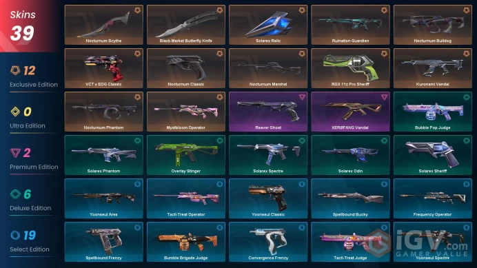 EU | 39 Skins | Gold | Level 52 | VP Value 35390 | Nocturnum Bundle | Black.Market Butterfly Knife | Kuronami Vandal | VCT x EDG Classic | Full 