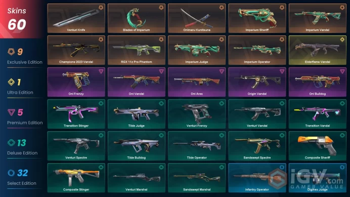 EU | 60  Skins | Level 64 | 6 Knives | Imperium Bundle| Onimaru Bundle | Champions 2023 Vandal | Full Access| 5 Battlepasses Purchase | Full Det
