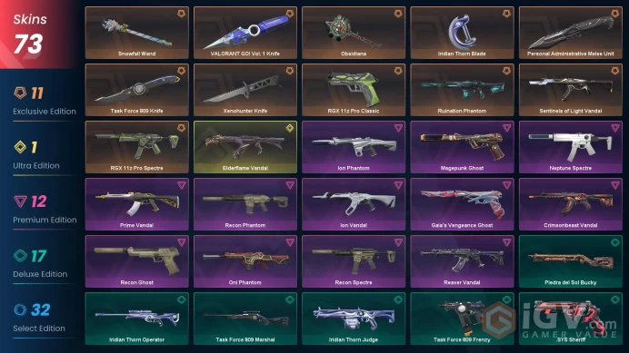 EU | 73 Skins | knife 7 | VALORANT GO! Vol. 1 Knife | Sentinels of Light Vandal | Elderflame Vandal | 4 Battlepasses |