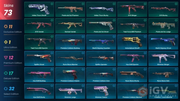 EU | 73 Skins | knife 7 | VALORANT GO! Vol. 1 Knife | Sentinels of Light Vandal | Elderflame Vandal | 4 Battlepasses |