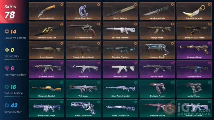 EU | 78 Skins | Level 74 | | knife 6 | Champions 2023 Bundle | Spectrum Phantom | Kuronami Sheriff | 7 Battlepasses |