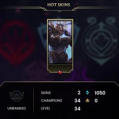 【TR】⸱ 2 Skin⸱ 34 Champ⸱ Unranked⸱ 1050 BE⸱ Level 34⸱ ☎️ Email Access⸱