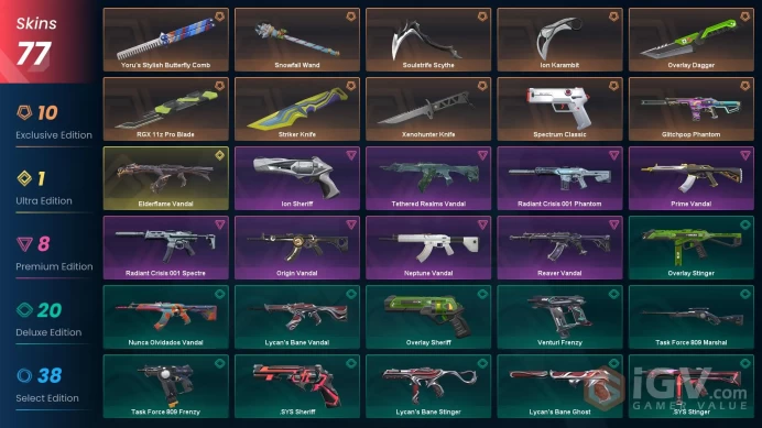 EU | 77 Skins | Level 110 | knife 8 | Elderflame Vandal | RGX 11z Pro Blade | Yoru's Stylish Butterfly Comb | 5 Battlepasses |