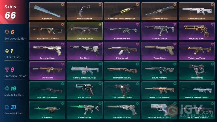 EU | 66 Skins | knife 4 | Platinum 3 | Level 89 | Reaver Karambit | Champions 2022 Bundle | Spectrum Phantom | Elderflame Vandal | Full Details 