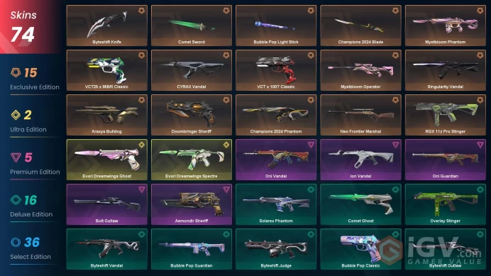 EU | 74 Skins | Gold | Level 92 | VP Value 48930 | Champions 2024 Bundle | Evori Dreamwings Ghost | Evori Dreamwings Spectre | 3 BPs Completed |