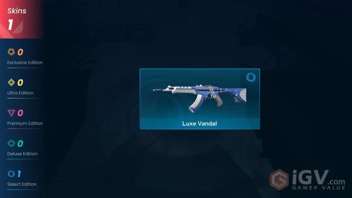 NA | 1 skins | Bronze 3 | Level 26 | VP Value: 875 | Luxe Vandal | Agent 4 | Card 13 | Buddies 8 |