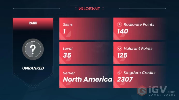 NA | 1 Skin | Platinum | Level 35 | Agents 8 | 26 Buddies | Smite Vandal | 
