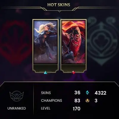 【TR】⸱  36 Skin⸱  83 Champ⸱  Unranked⸱  4322 BE⸱  3 RP⸱  Level 170⸱  Emai