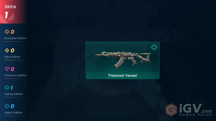 NA | 1 Skin | Gold 2 | Level 36 | VP Value: 1275 | Titanmail Vandal | Agent 9 | Card 27 | Buddies 21 |