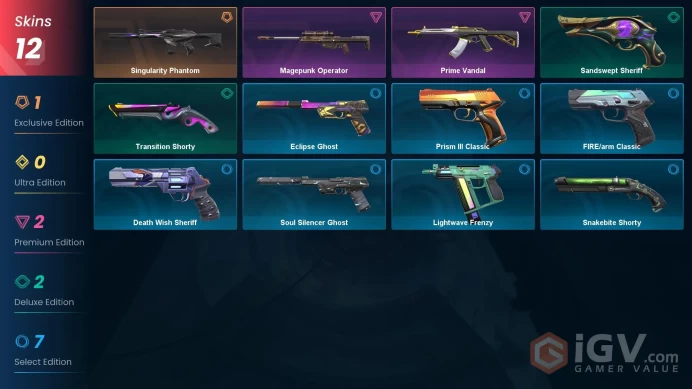 AP 12 skins | Singularity Phantom | Magepunk Operator | Prime Vandal | Sandswept Sheriff | Transition Shorty | Eclipse Ghost | V0087