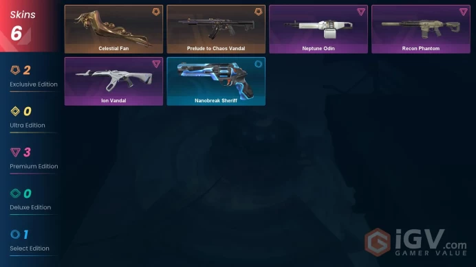 EU 6 skins 1 knifes | Celestial Fan | Prelude to Chaos Vandal | Ion Vandal | Recon Phantom | Neptune Odin | Nanobreak Sheriff | V0132