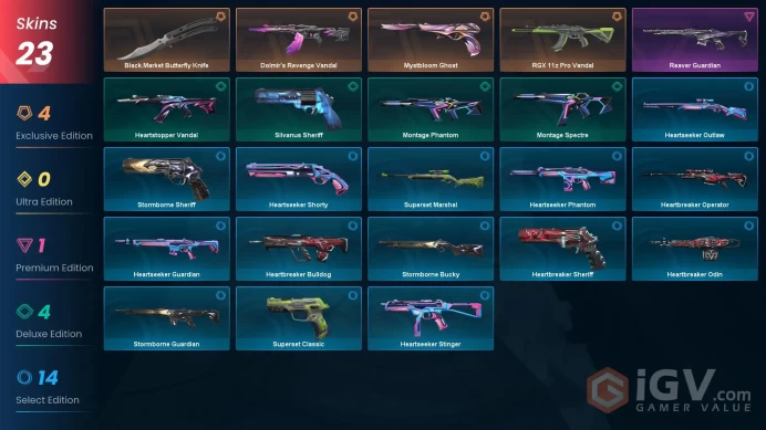 EU 18 skins | RGX 11z Pro Vandal | Mystbloom Ghost | Dolmir's Revenge Vandal | Montage Spectre | Heartstopper Vandal | Silvanus Sheriff | V0140