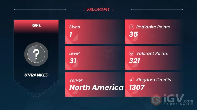 NA | 1 Skin | Silver 2 | Level 31 | Value VP 1775 | Ion Vandal | Buddies 18 | Agent 5 | Card 13 |