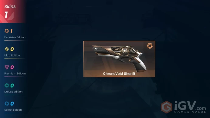 NA | 1 Skin | Bronze | ChronoVoid Sheriff | Agent 3 | Level 22 | Buddies 6 | 