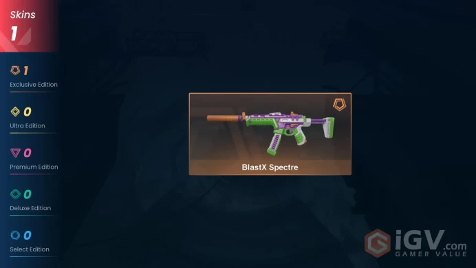 NA | 1 Skin | VP Value 2175 | BlastX Spectre | Level 22 | 2 Agents | 6 Buddies | 