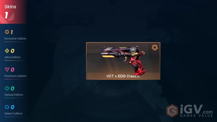 NA | 1 Skin | Gold | VP Value 2340 | VCT x EDG Classic | Level 26 | 3 Agents | 17 Buddies |