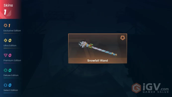 NA | 1 skin | Gold 2 | Level 28 | VP Value: 2550 | Snowfall Wand | Agent 3 | Card 12 | Buddies 15 |