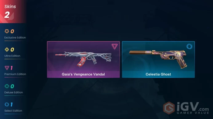 NA | 2 Skins | Gold | Gaia's Vengeance Vandal | Celestia Ghost | Agent 12 | Buddies 35 | Level 49 | Full Access | Instant Delivery | Full Detail