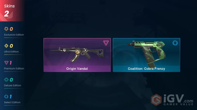 NA | 2 Skins | Silver 3 | Level 30 | Value VP 1775 | Origin Vandal | Origin Vandal | Buddies 17 | Agent 6 | Card 22 | Full Access | Full Details
