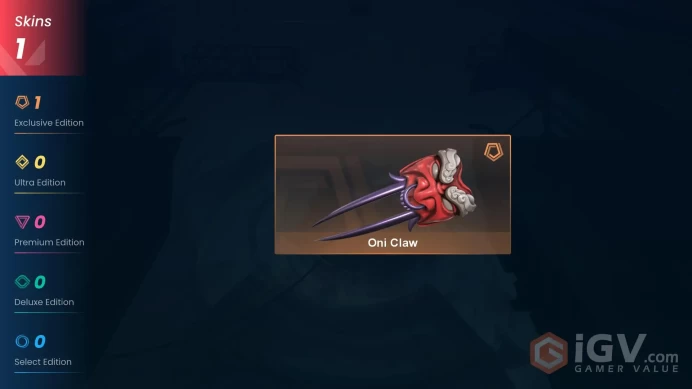 NA | 1 Skin | Gold | VP Value 3550 | Oni Claw | Level 40 | 10 Agents | 47 Buddies | 