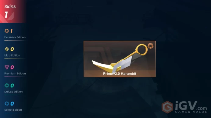 NA | 1 Skin | Platinum | Prime//2.0 Karambit | VP Value 3550 | Agent 3 | Buddies 8 | Level 22 |