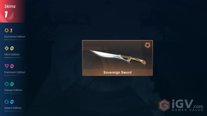 NA | 1 Skin | VP Value 3550 | Sovereign Sword | Level 21 | 2 Agents | 4 Buddies |