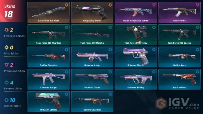 EU Full Access | 18 Skins Task Force 809 Knife + Gaia's Vengeance Vandal + Prime Vandal + Singularity Sheriff + Task Force 809 Spectre + more