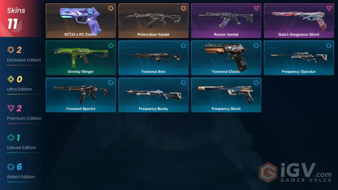 EU Full Access | 11 Skins Primordium Vandal + VCT25 x KC Classic + Reaver Vandal + Gaia's Vengeance Ghost + more |  Platinum 1 Last Rank