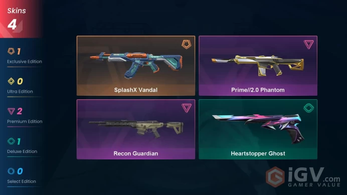 EU | 406 VP | 4 skins | SplashX Vandal | Prime//2.0 Phantom | Recon Guardian | Heartstopper Ghost | V0123