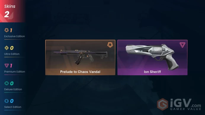NA | 2 Skins | Silver 2 | Level 24 | Value VP 3950 | Prelude to Chaos Vandal | Ion Sheriff | Buddies 14 | Agent 3 | Card 11 | Full Details Below