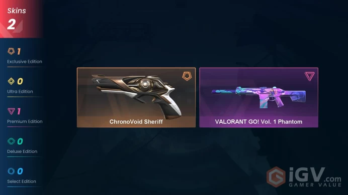 NA | 2 Skin s| Silver 2 | Level 27 | Value VP 3950 | ChronoVoid Sheriff | VALORANT GO! Vol. 1 Phantom | Buddies 14 | Agent 5 | Card 22 