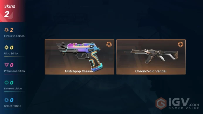 NA | 2 skins | Bronze 3 | Level 25 | VP Value: 4350 | ChronoVoid Vandal | Glitchpop Classic | Agent 6 | Card 15 | Buddies 16 | Full Details 