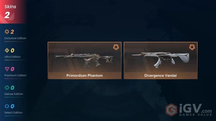 NA | 2 skins | Diamond 1 | Level 33 | VP Value: 4350 | Divergence Vandal | Primordium Phantom | Agent 6 | Card 15 | Buddies 22 | Full Details 