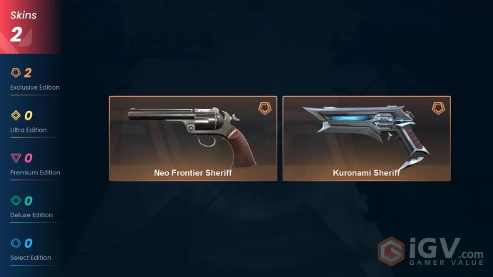 NA | 2 skins | Bronze 3 | Level 37 | VP Value: 4550 | Kuronami Sheriff | Neo Frontier Sheriff | Agent 7 | Card 21 | Buddies 35 | Full Details 
